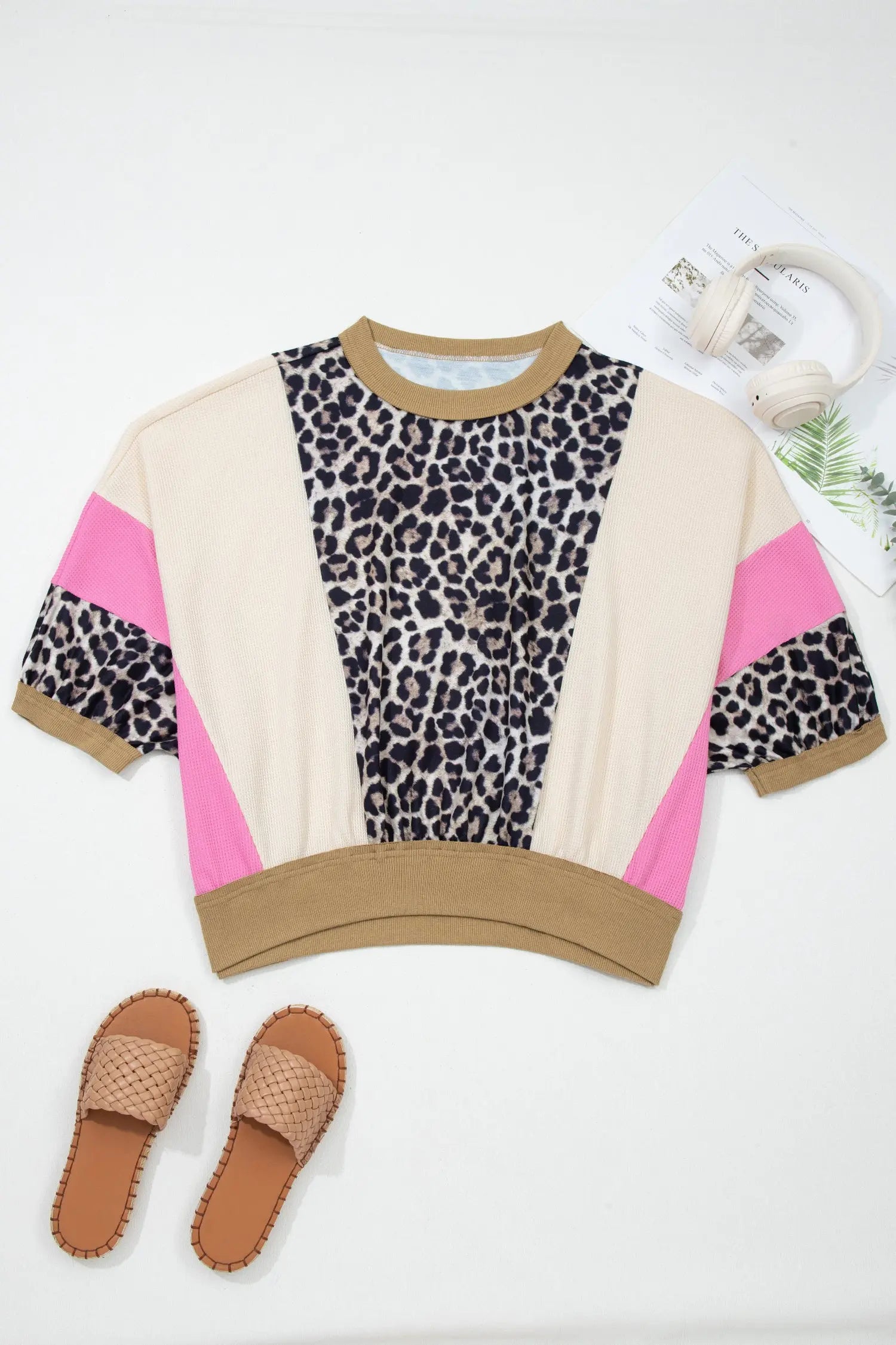 Brown Leopard Print Color Block Patchwork 3/4 Sleeve Loose Top Dear-Lover Dropshipping