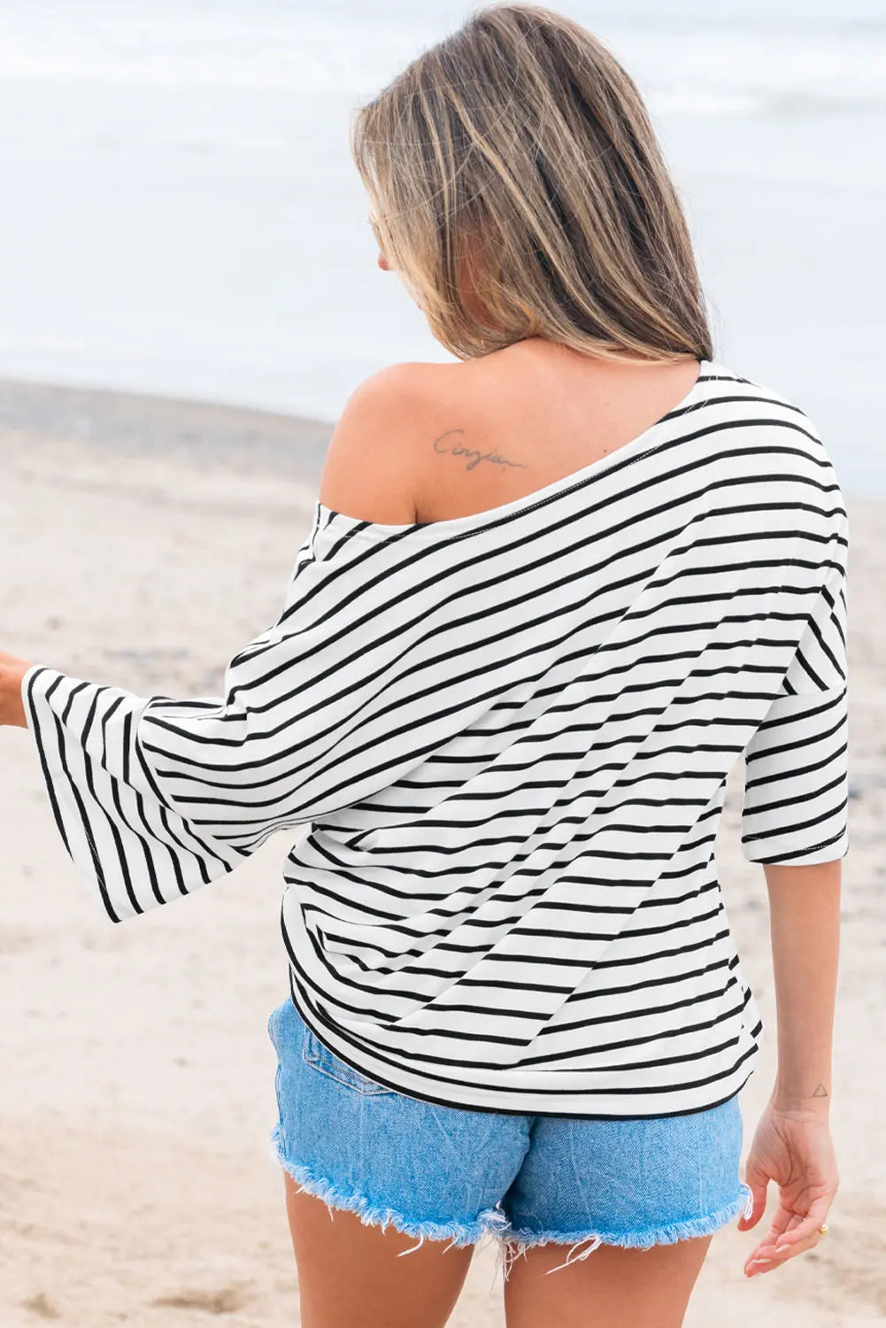 Black Stripe Half Sleeve Scoop Neck Loose Top