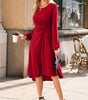 Fiery Red Solid Color Ruched Detail Long Sleeve Midi Dress Markonline