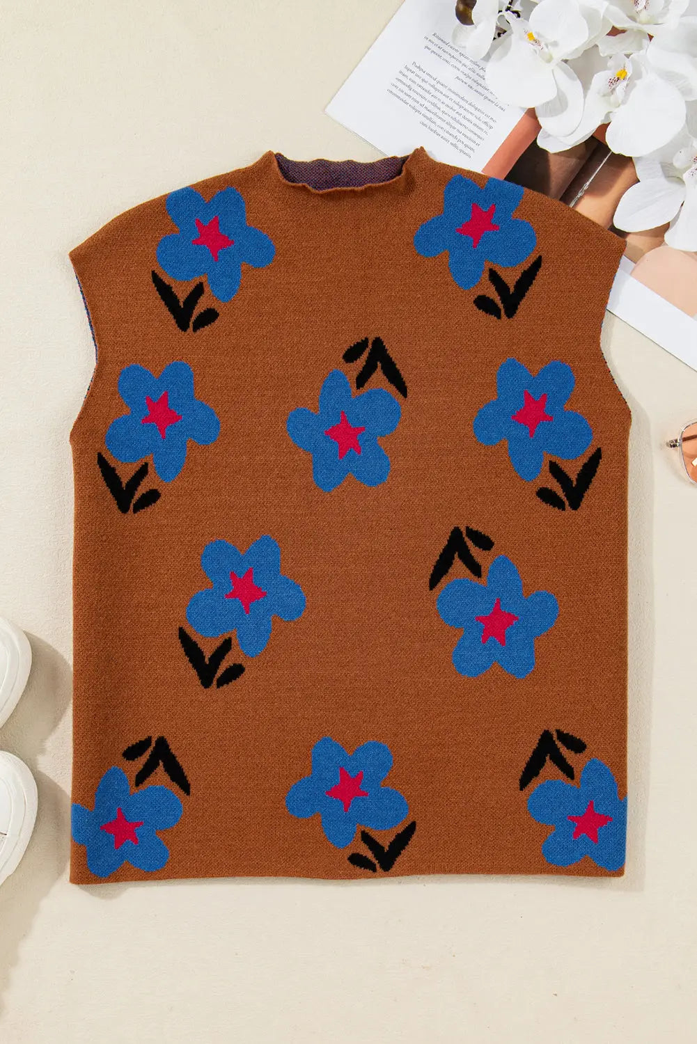 Chestnut Floral High Neck Sweater Vest Dear-Lover Dropshipping