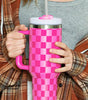 Bright Pink Checkered Print Handled Stainless Steel Tumbler Cup 40oz Dear-Lover Dropshipping
