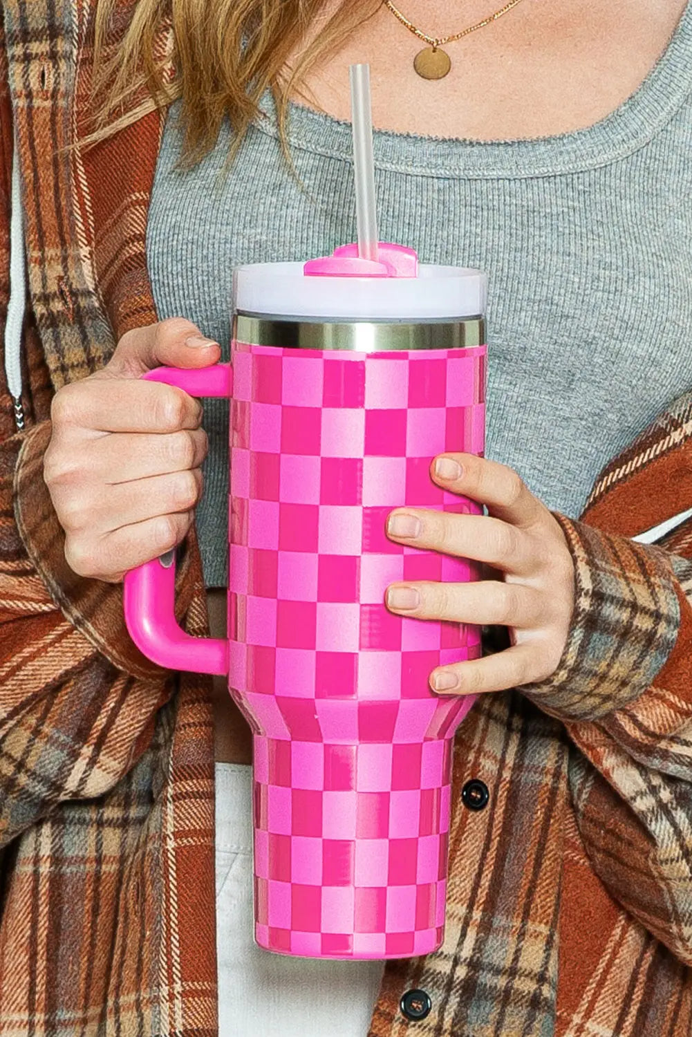 Bright Pink Checkered Print Handled Stainless Steel Tumbler Cup 40oz Dear-Lover Dropshipping