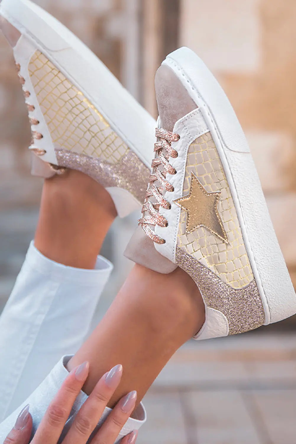 Dearlove Gold Glitter Star Patchwork PU Leather Lace-up Sneakers Markonline
