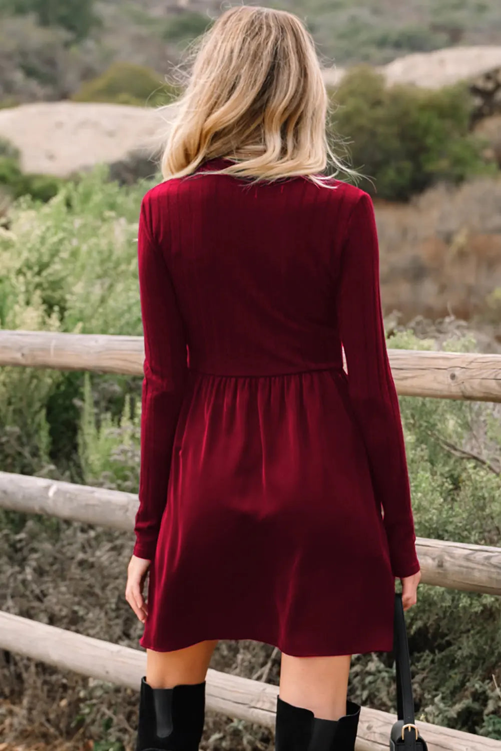 Red Dahlia Frilled Neck Ribbed Knit Patchwork Long Sleeve Mini Dress Markonline