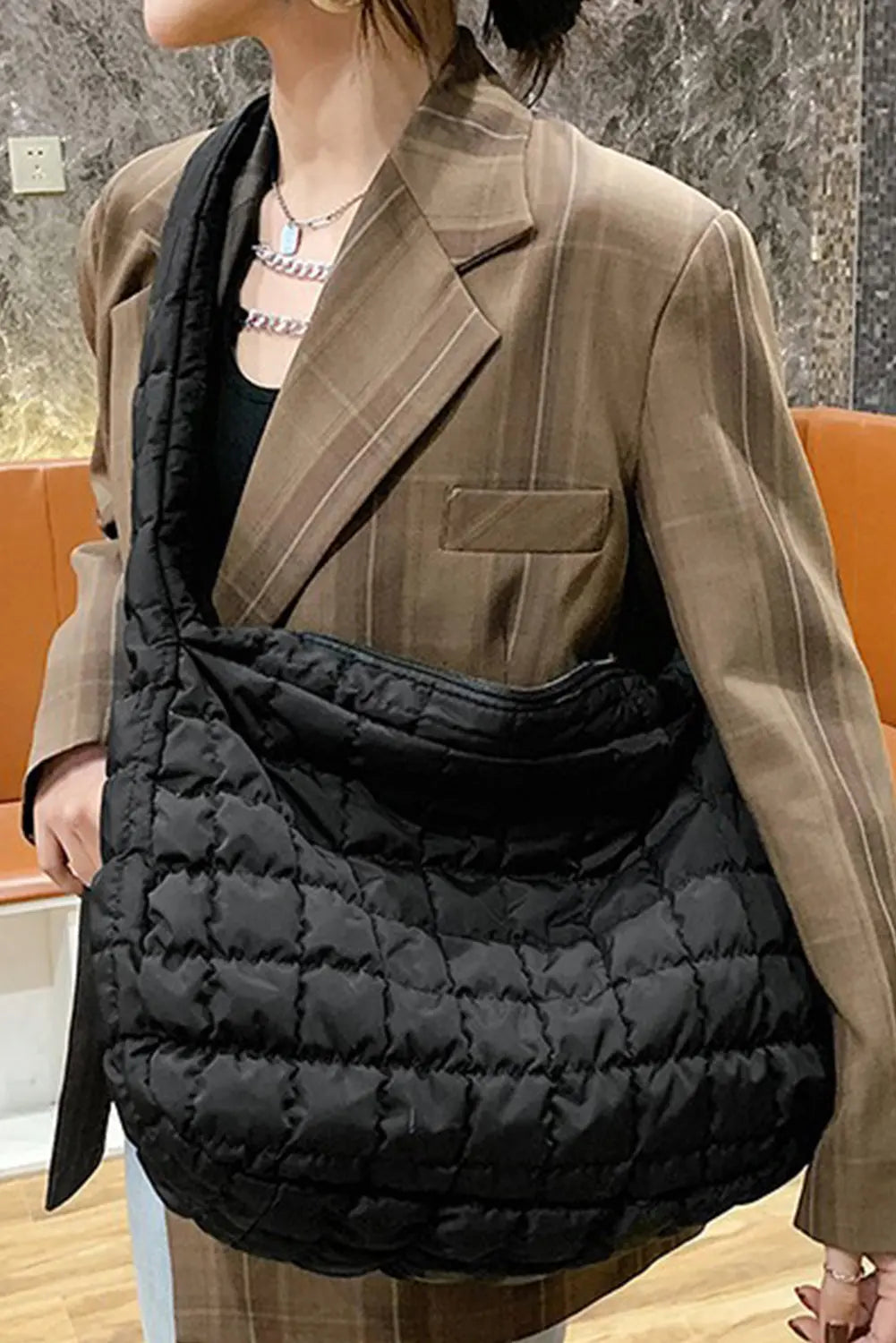 Black Quilted Zipper Large Shoulder Bag Dear-Lover Dropshipping