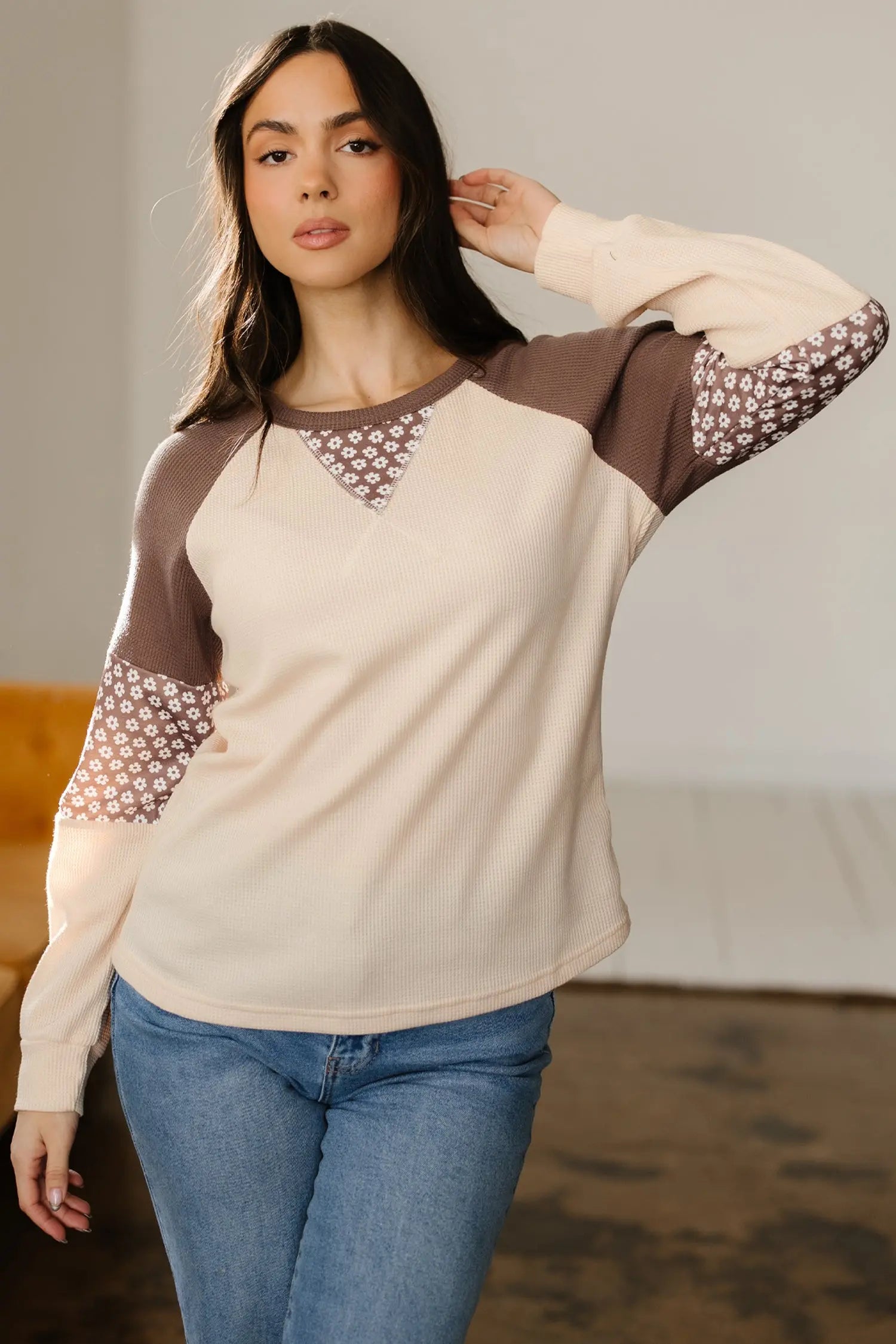 Brown Floral Print Patchwork Color Block Long Sleeve Top Markonline