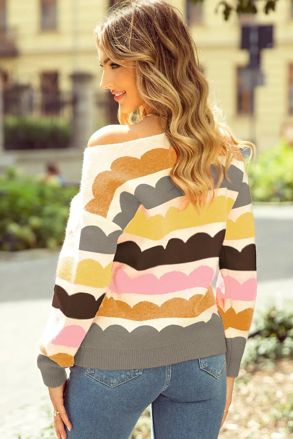 Yellow Wave Striped Balloon Sleeve Drop Shoulder Sweater Dear-Lover Dropshipping