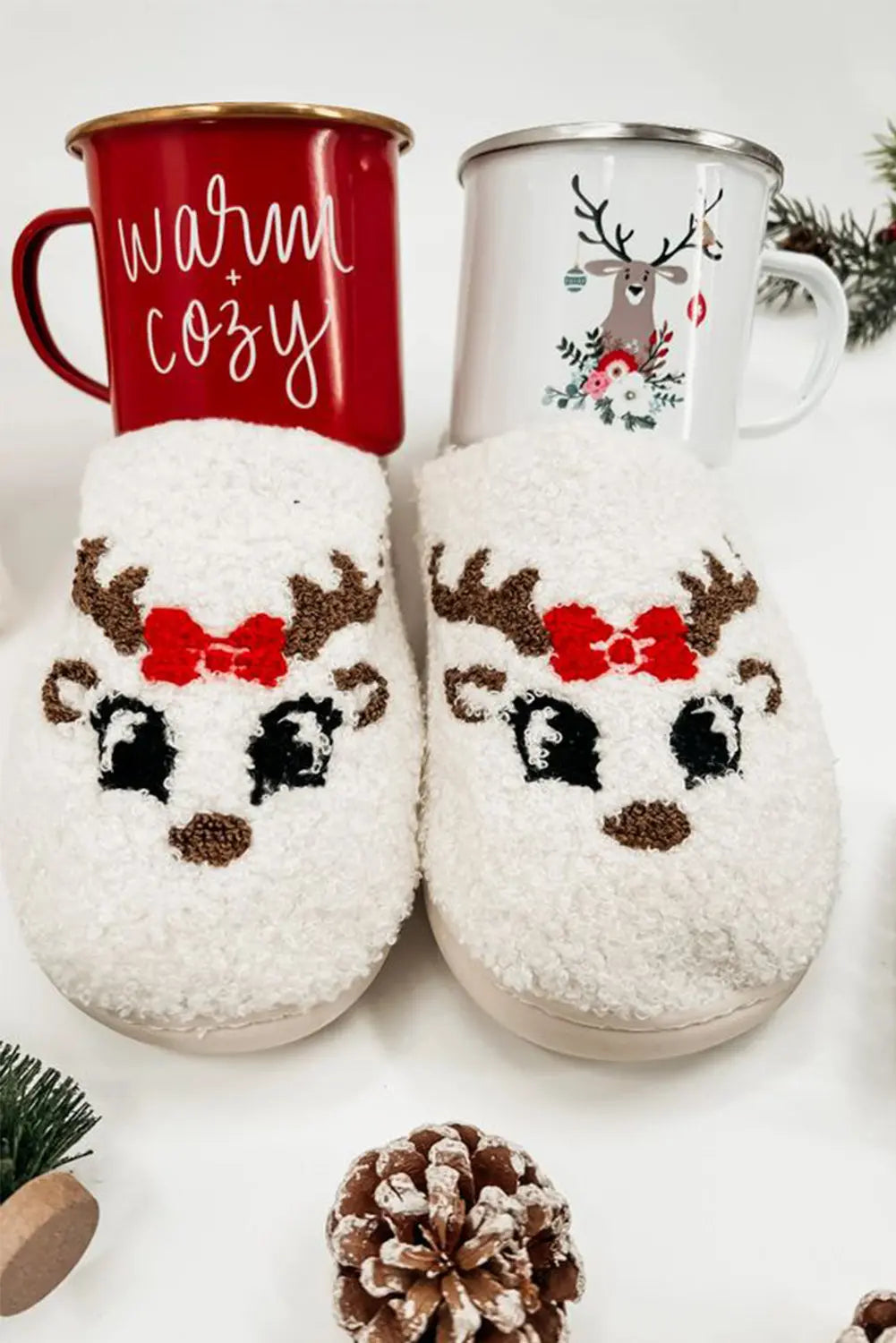 White Christmas Cartoon Pattern Plush Slippers Dear-Lover Dropshipping