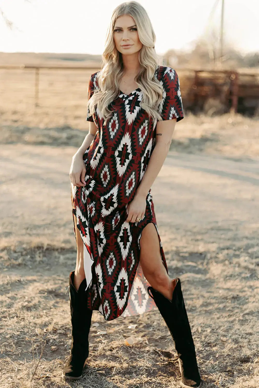 Red Western Aztec Printed Long T-shirt Dress Markonline