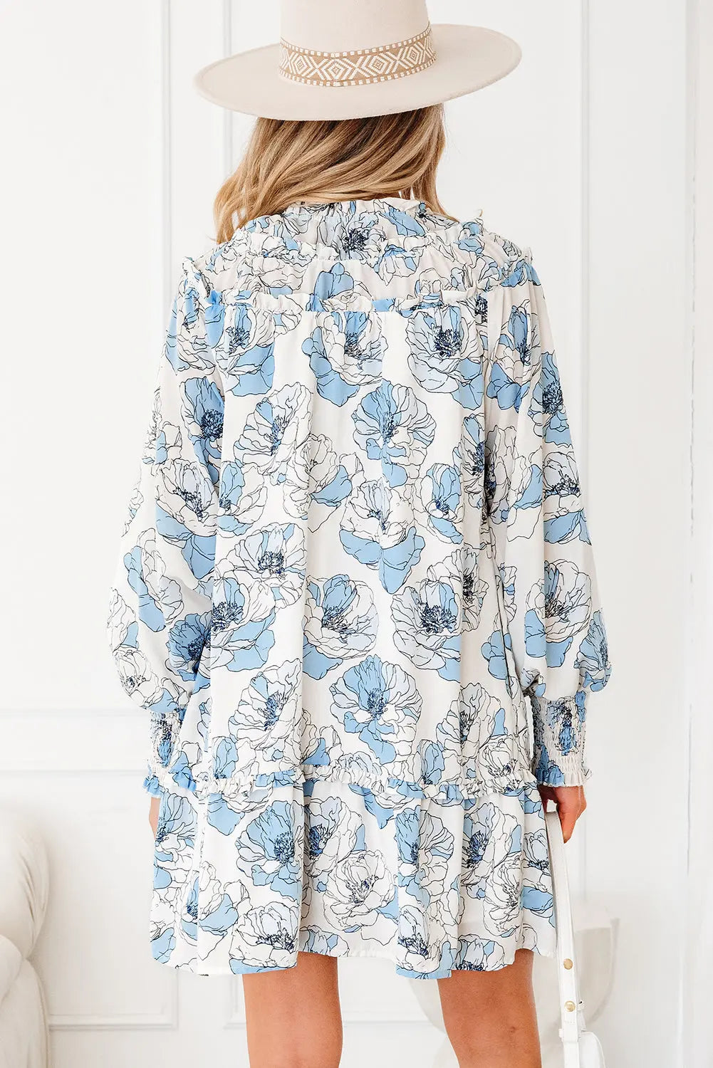 Sky Blue Floral Print Tie Neck Long Sleeve Flowy Mini Dress Markonline