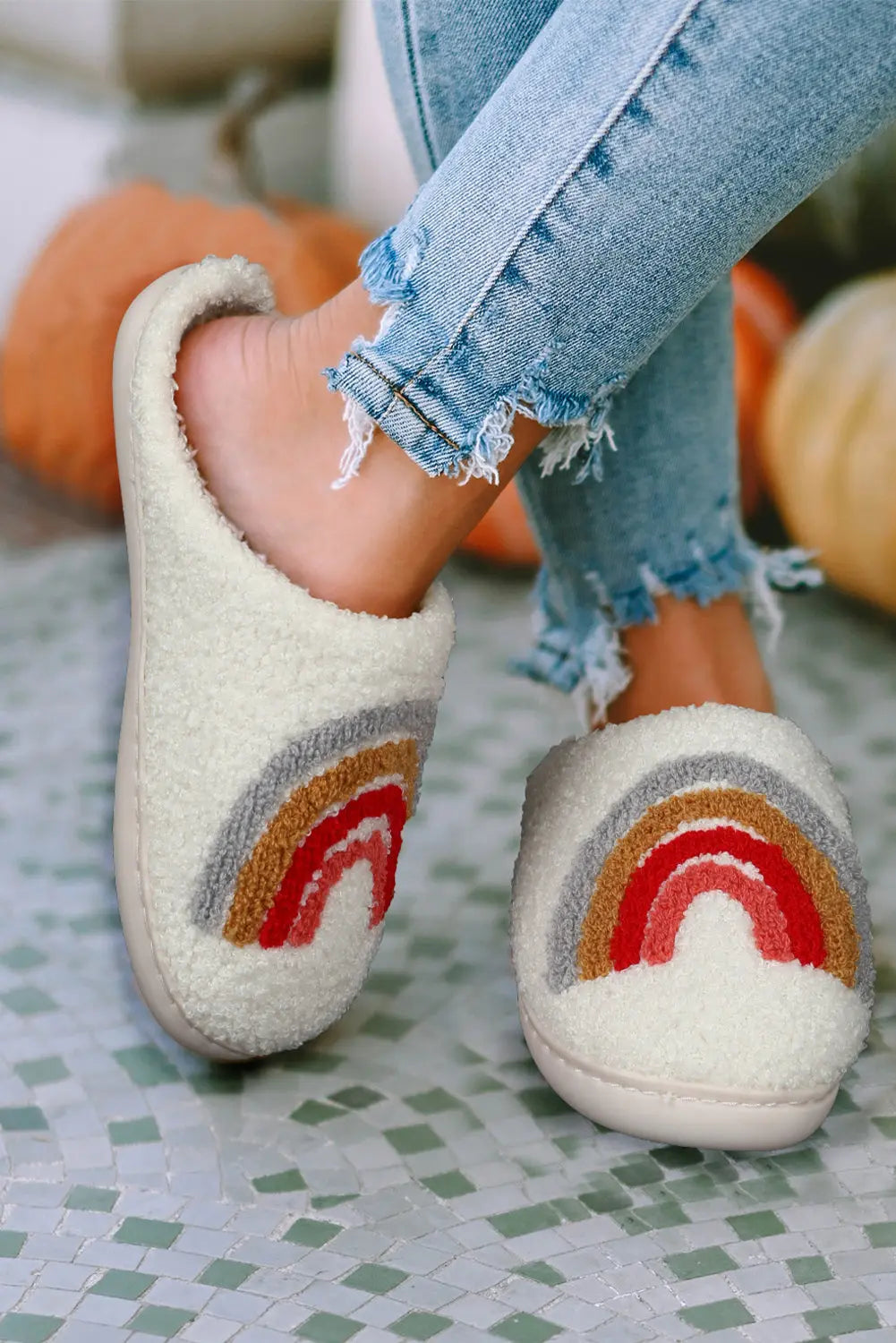Bright White Rainbow Plush Winter Home Slippers Dear-Lover Dropshipping