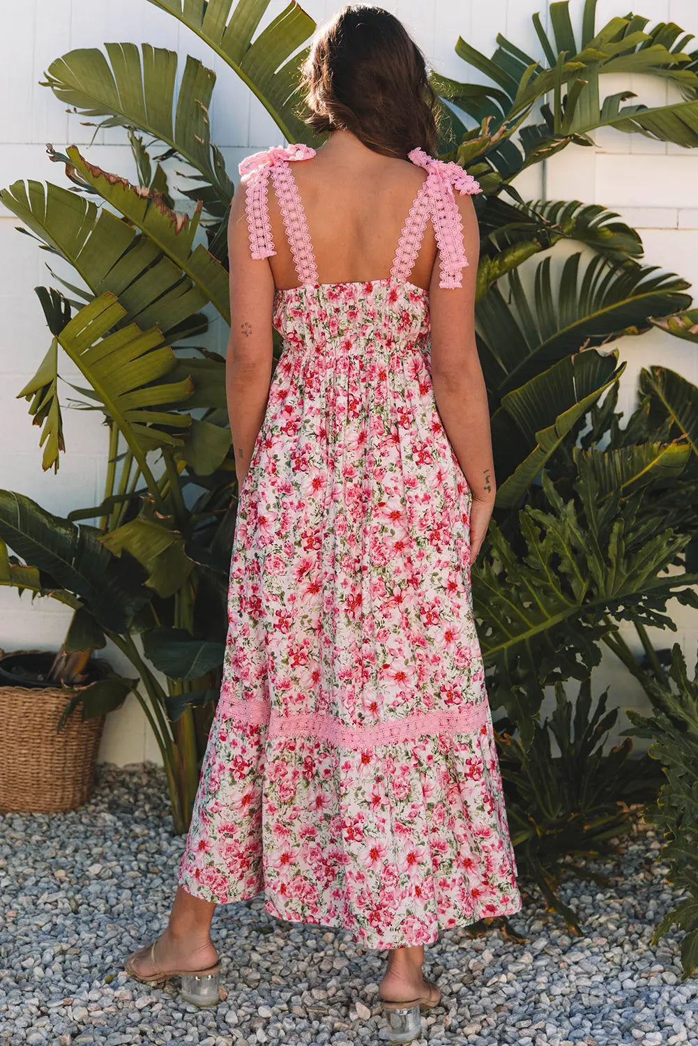Pink Floral Lace Tied Strap Empire Waist Maxi Dress Markonline