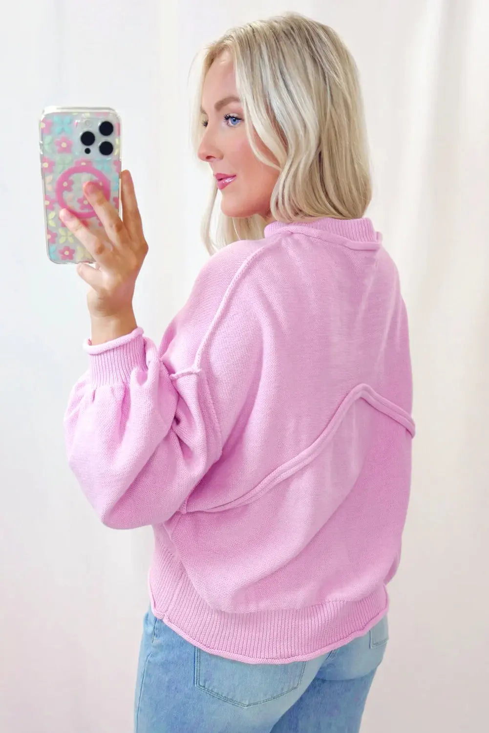 Pink Raw Edge Ribbed Detail Drop Shoulder Sweater Dear-Lover Dropshipping