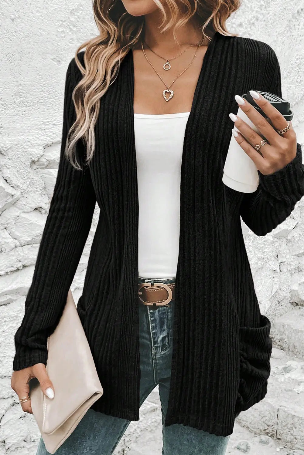 Black Ribbed Open Front Knitted Top with Pockets Dear-Lover Dropshipping