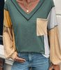 Four Leaf Clover Exposed Stitching Colorblock V Neck Long Sleeve Top Dear-Lover Dropshipping