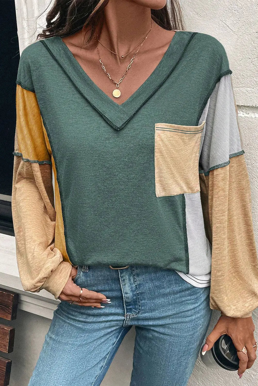 Four Leaf Clover Exposed Stitching Colorblock V Neck Long Sleeve Top Dear-Lover Dropshipping