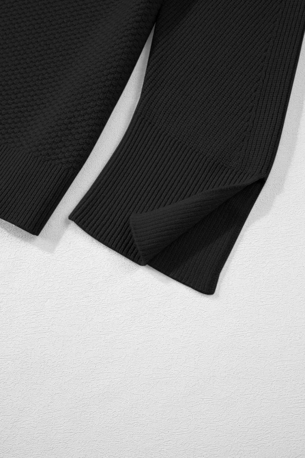 Black Solid Textured Knit Split Cuff Drop Shoulder Loose Sweater Dear-Lover Dropshipping