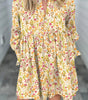 Yellow Floral Print Frilly Trim Smocked Cuff Long Sleeve Loose Shirt Dress Markonline