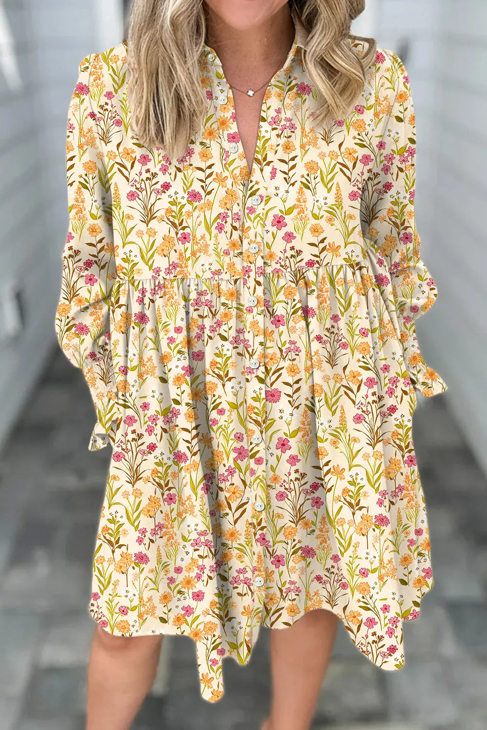 Yellow Floral Print Frilly Trim Smocked Cuff Long Sleeve Loose Shirt Dress Markonline