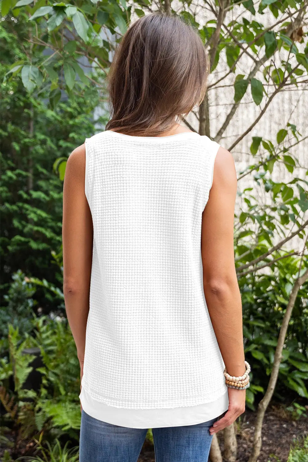 White Scoop Neck Waffle Knit Flowy Vest Dear-Lover Dropshipping