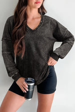 Carbon Grey Mineral Wash Exposed Seam Buttoned V Neck Pullover Top Dear-Lover Dropshipping