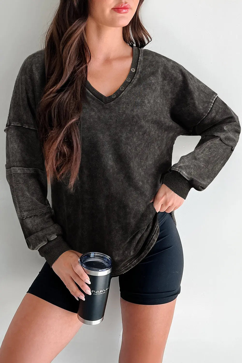 Carbon Grey Mineral Wash Exposed Seam Buttoned V Neck Pullover Top Dear-Lover Dropshipping