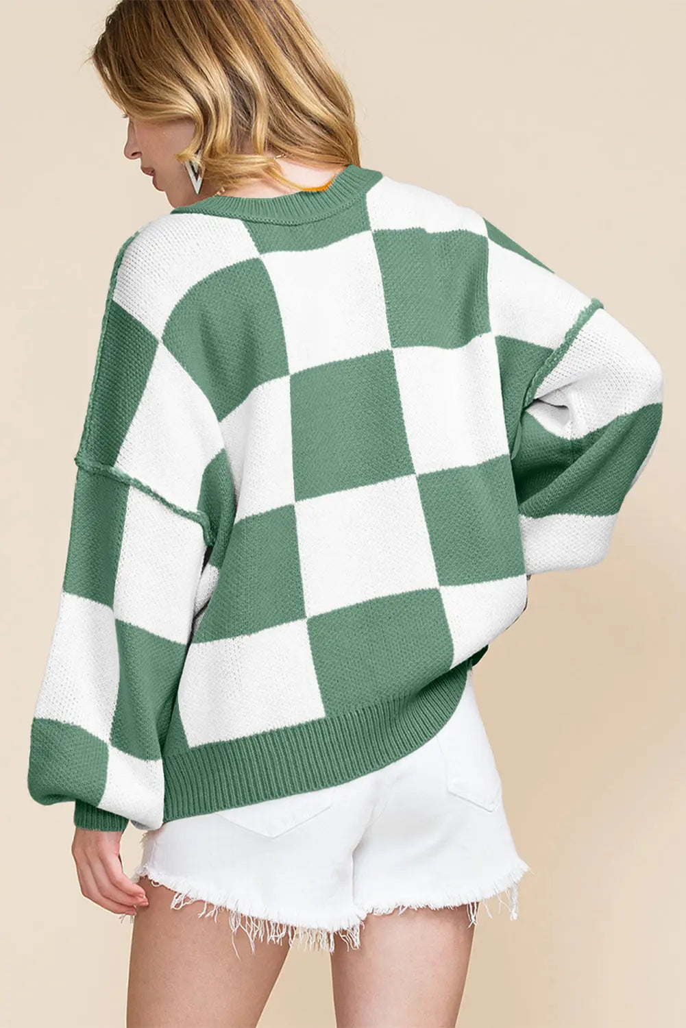 Green Checkered Bishop Sleeve Sweater Dear-Lover Dropshipping