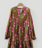 Brown Contrast Floral Print Babydoll Tunic Ruffled Hem Puff Sleeve Dress Markonline