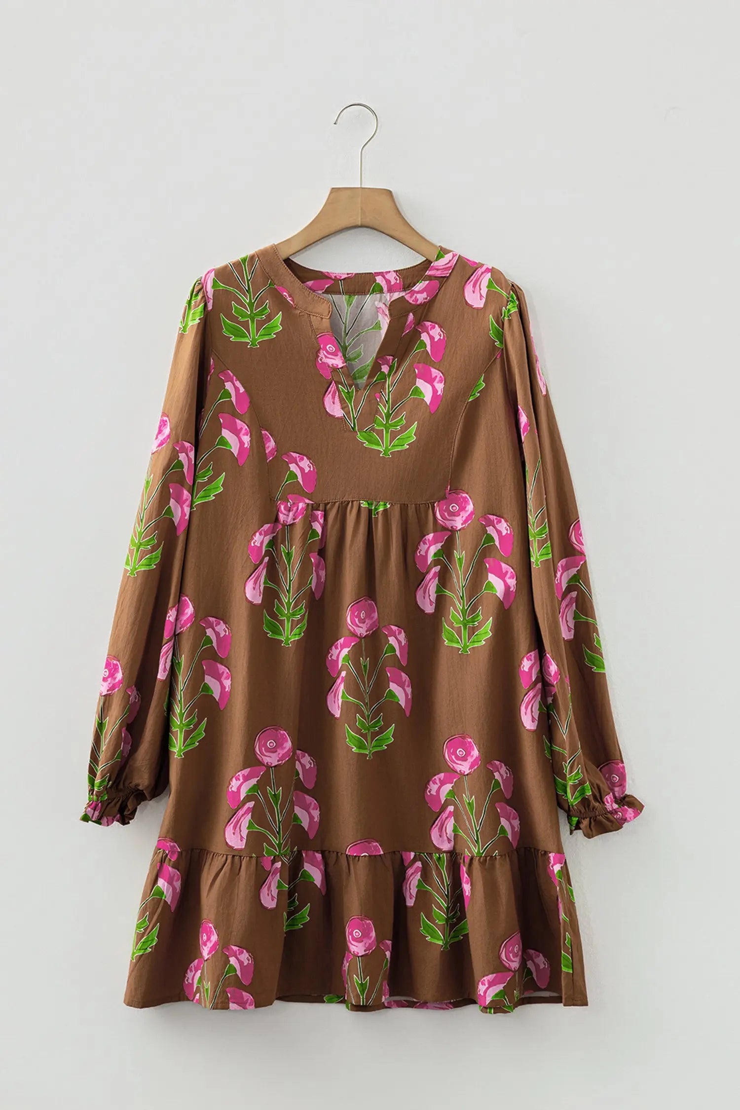 Brown Contrast Floral Print Babydoll Tunic Ruffled Hem Puff Sleeve Dress Markonline