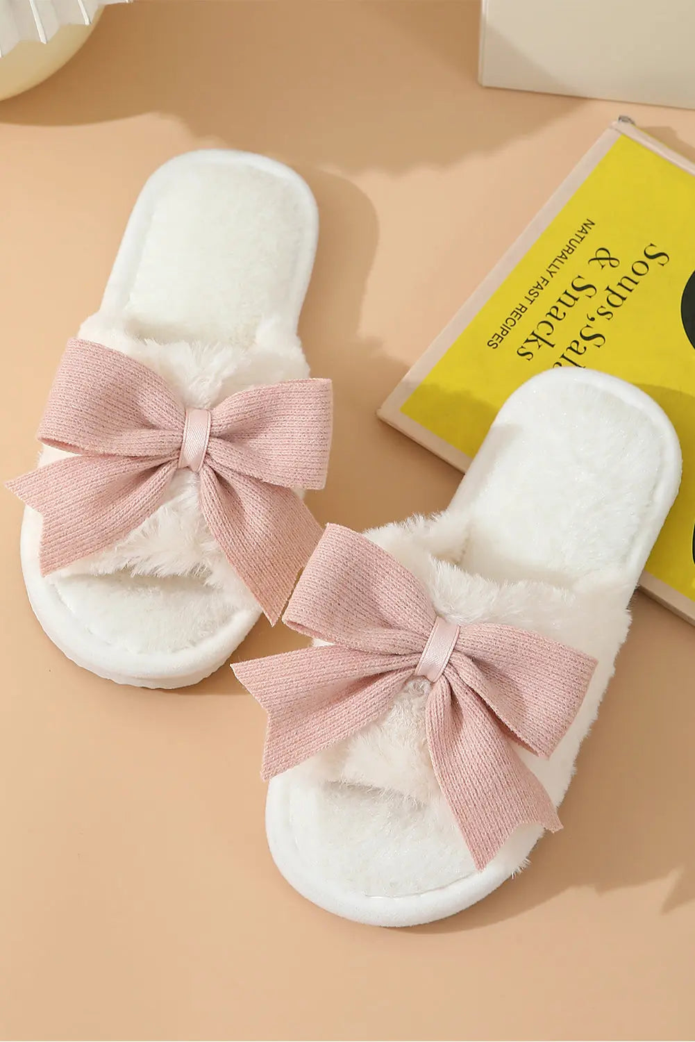 White Bow Knot Decor Open Toe Plush Slippers Markonline