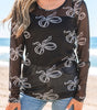 Black Round Neck Bow Print Long Sleeve Mesh Top Markonline