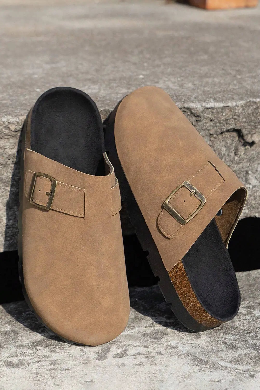 Light French Beige Suede Buckle Detail Slippers Markonline