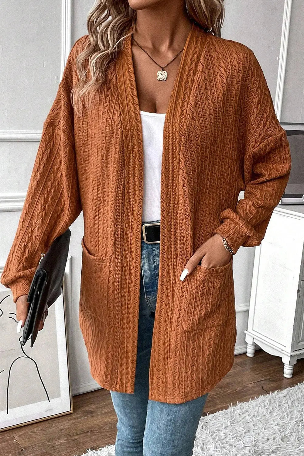 Chestnut Textured Knit Side Pockets Open Front Cardigan Dear-Lover Dropshipping