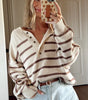 Brown Stripe Ribbed Henley Drop Shoulder Slouchy Sweater Dear-Lover Dropshipping