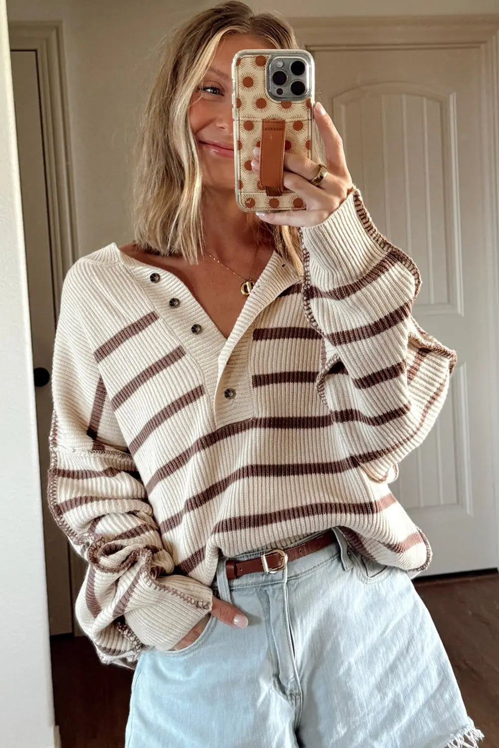 Brown Stripe Ribbed Henley Drop Shoulder Slouchy Sweater Dear-Lover Dropshipping
