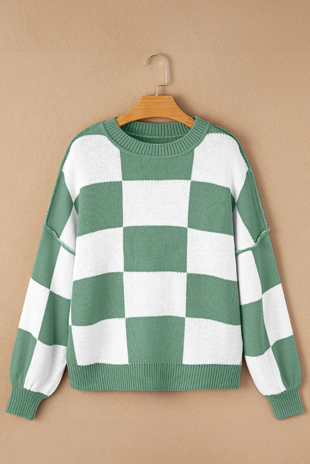 Green Checkered Bishop Sleeve Sweater Dear-Lover Dropshipping