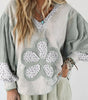 Green Floral Patched Waffle Textured Colorblock V Neck Casual Hooded Top Markonline