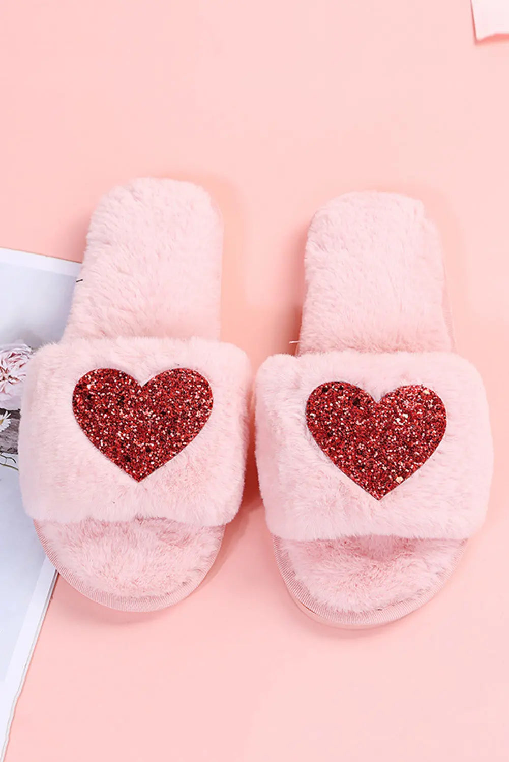 Pink Sequin Heart Shaped Slip On Plush Slippers Dear-Lover Dropshipping