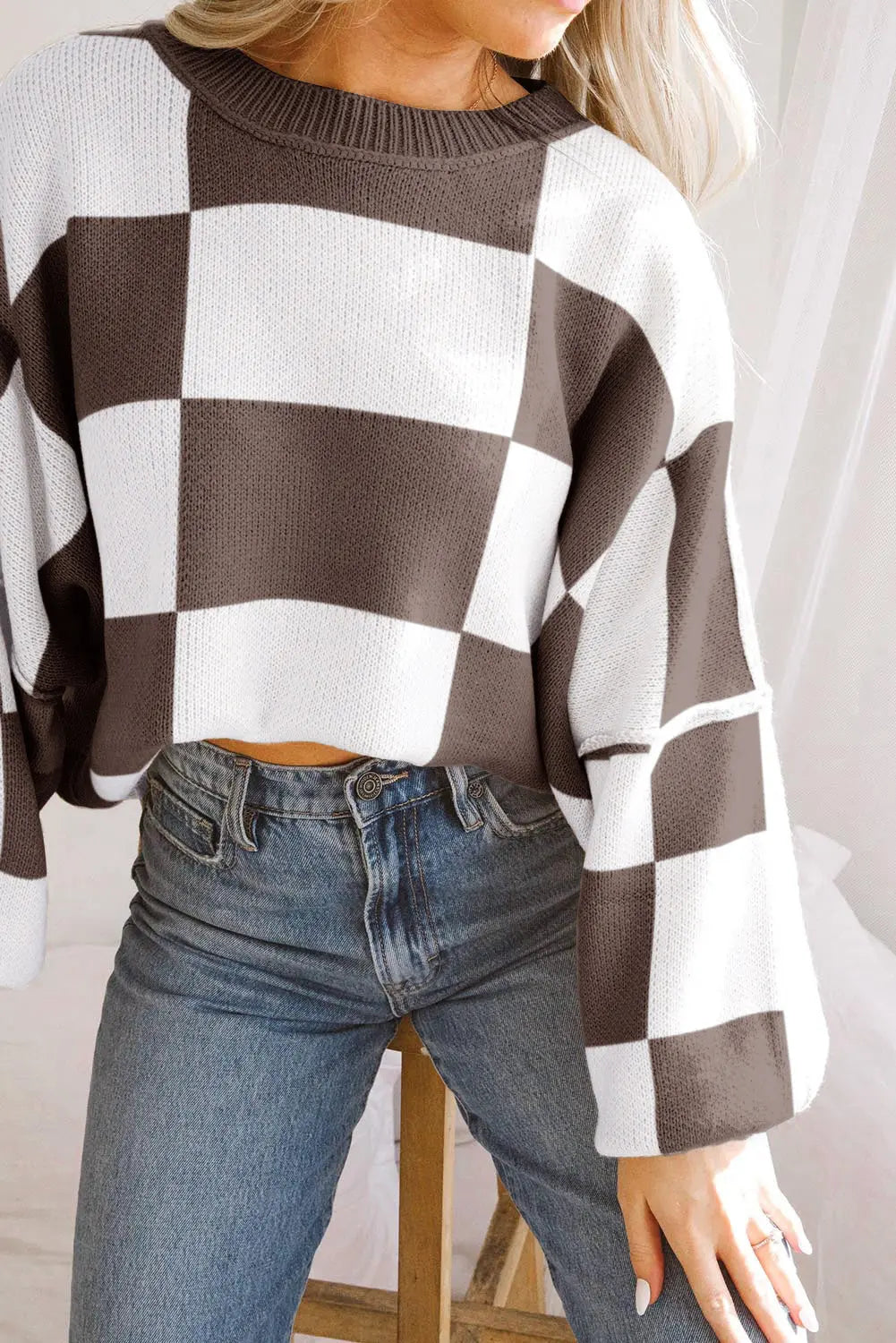 Dark Brown Checkered Bishop Sleeve Sweater Dear-Lover Dropshipping