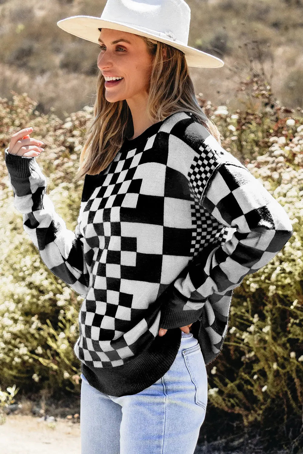 Black Checkered Print Drop Shoulder Round Neck Sweater Dear-Lover Dropshipping