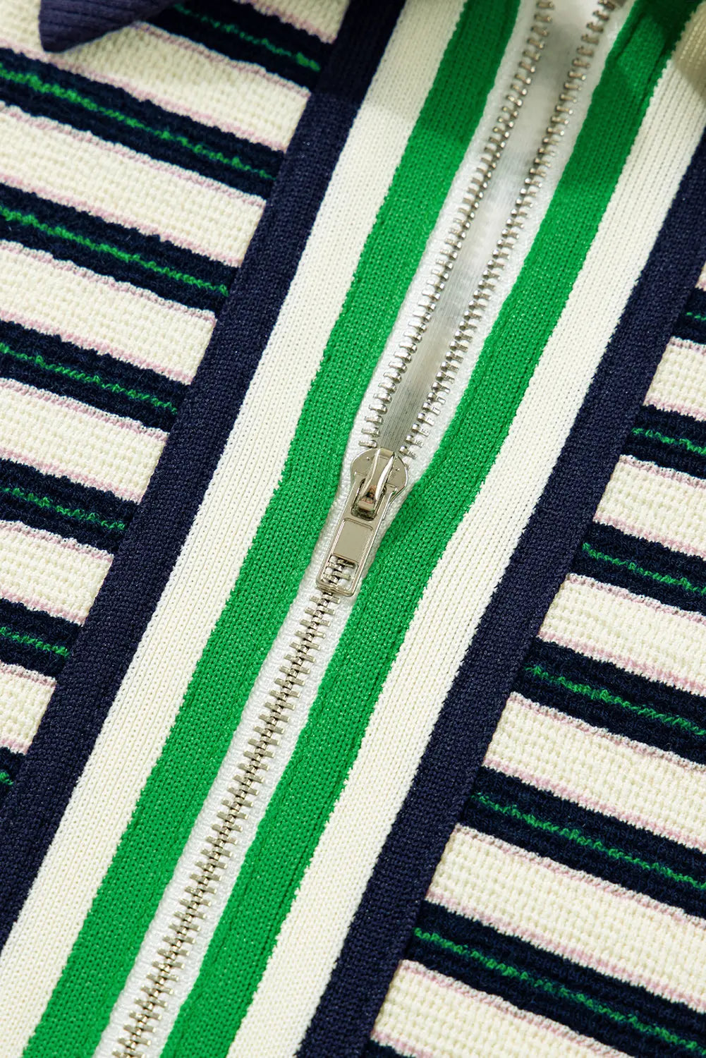 Navy Blue Striped Print Contrast Collar Zip V Neck Long Sleeve Top Dear-Lover Dropshipping