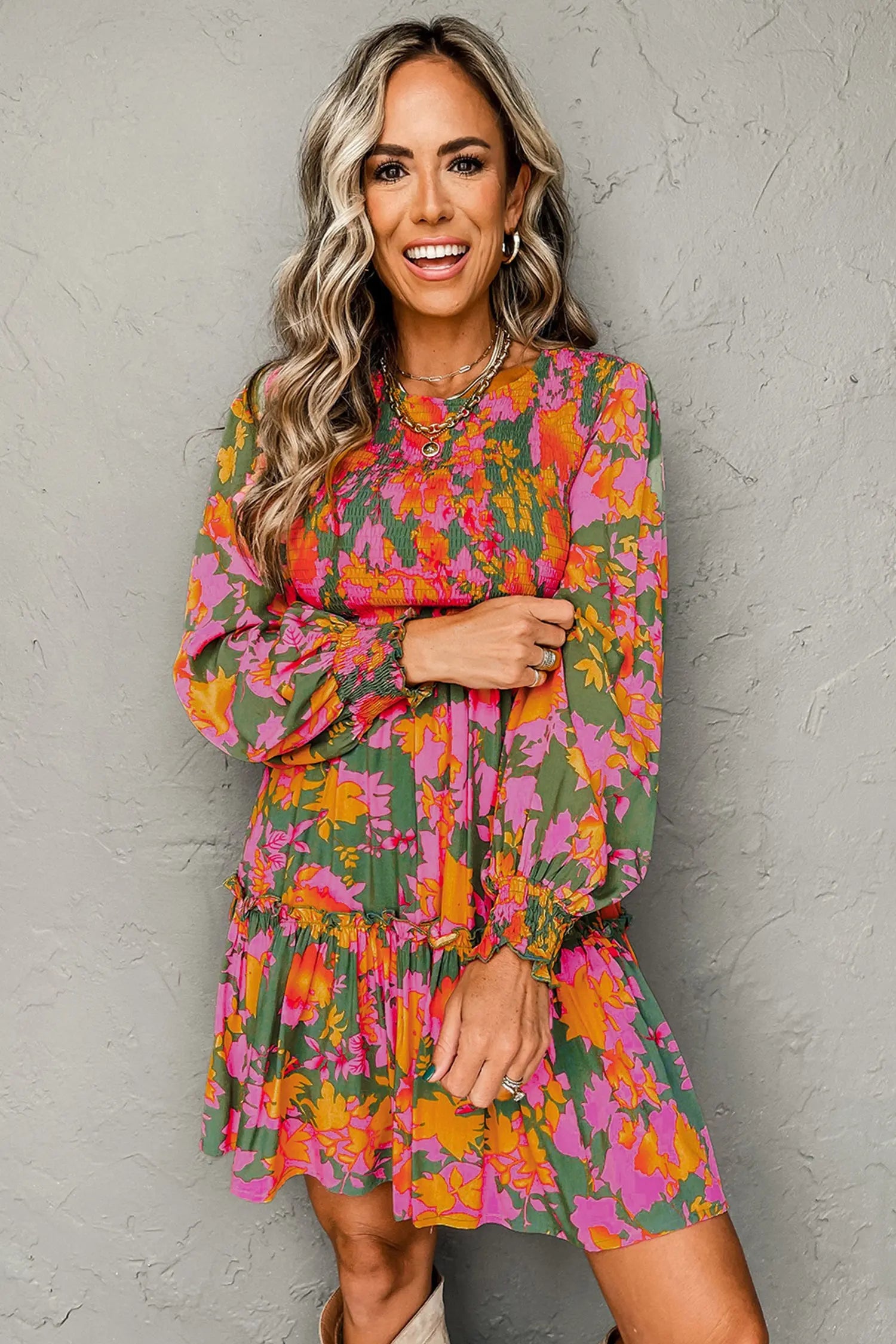 Multicolour Floral Print Long Sleeve Smocked Ruffled Mini Dress Markonline