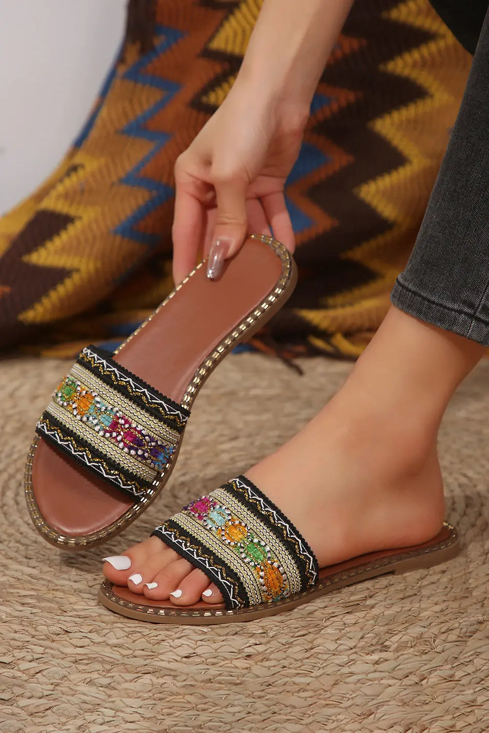 Chestnut Bohemian Pattern Crochet Faux Leather Beach Slippers Dear-Lover Dropshipping