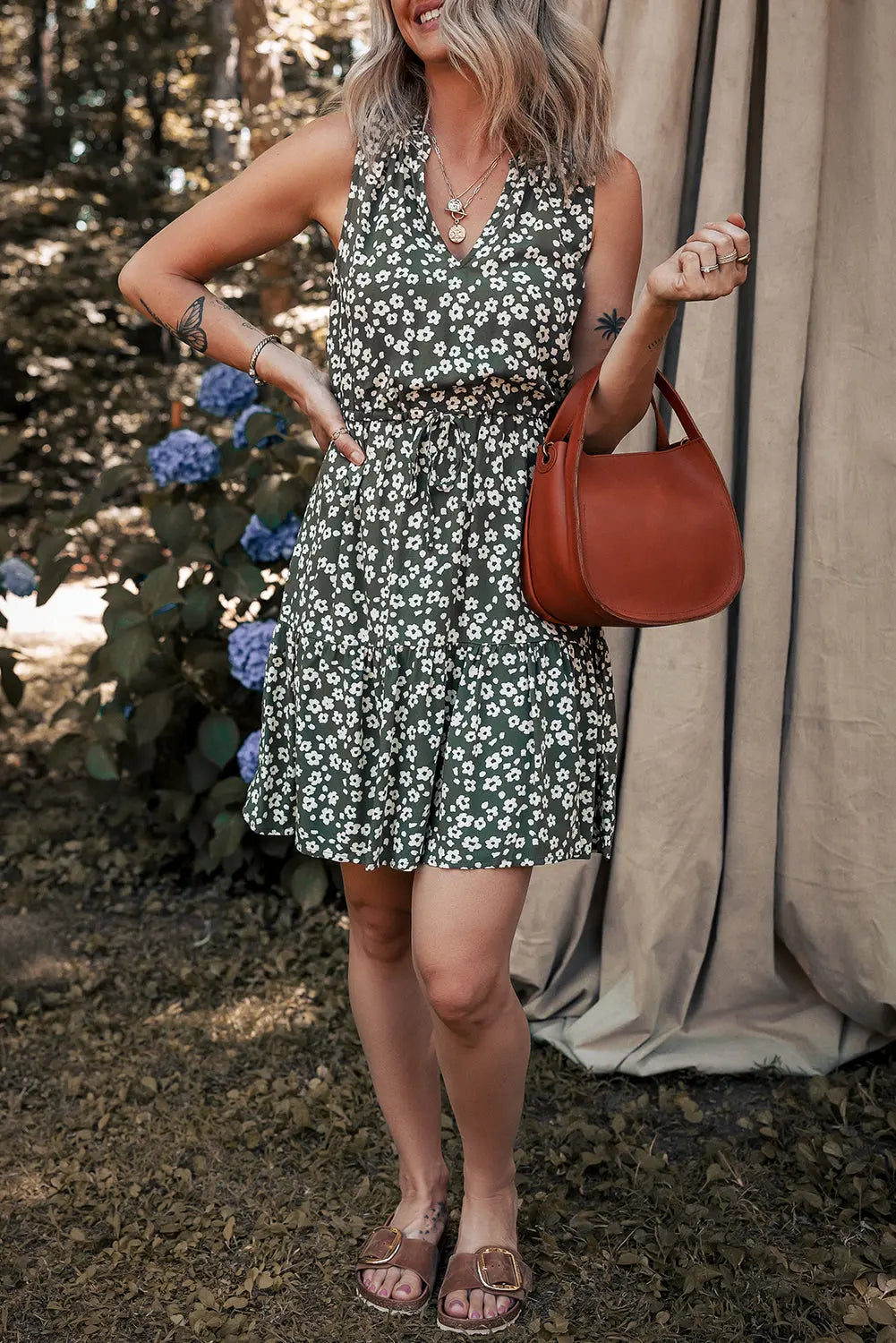 Green Boho Floral Print V Neck Tunic Sleeveless Dress Markonline