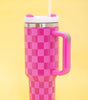 Bright Pink Checkered Print Handled Stainless Steel Tumbler Cup 40oz Dear-Lover Dropshipping