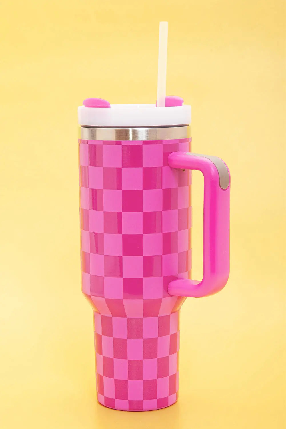 Bright Pink Checkered Print Handled Stainless Steel Tumbler Cup 40oz Dear-Lover Dropshipping