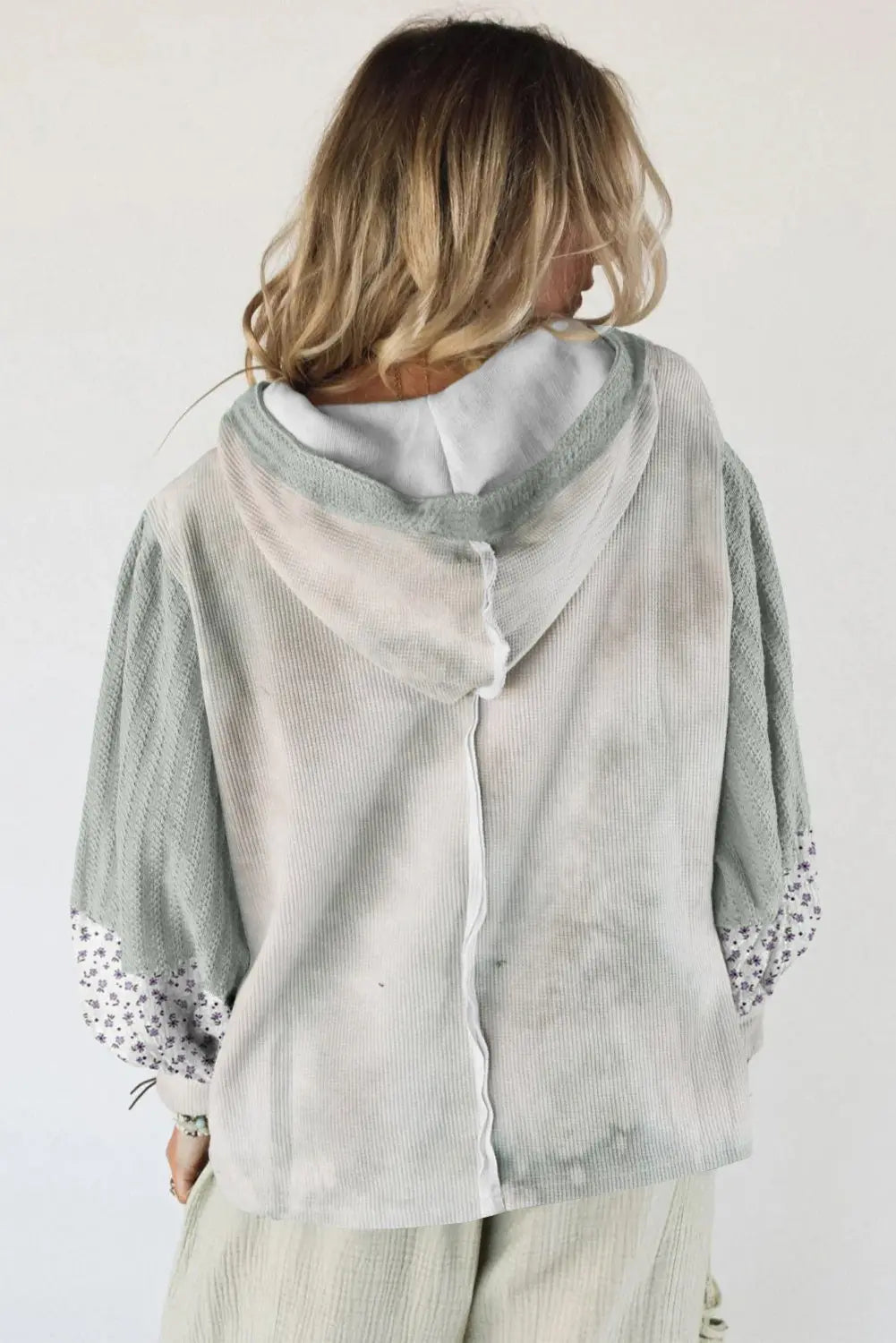 Green Floral Patched Waffle Textured Colorblock V Neck Casual Hooded Top Markonline