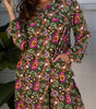 Green Floral Print Split Neck Bubble Sleeve Shift Mini Dress Markonline