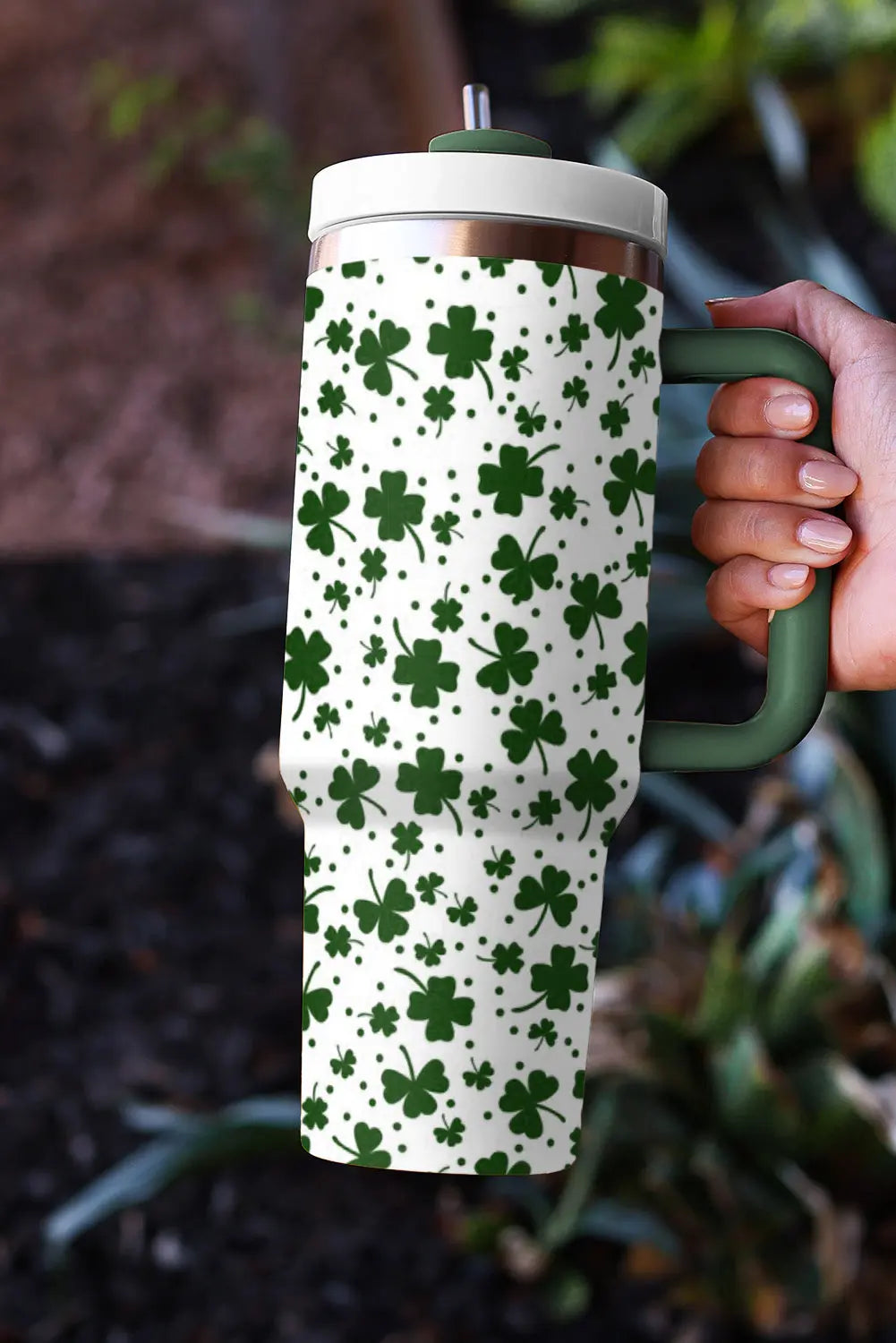 Dark Green Clover Print Thermos Cup with Handle 40oz Dear-Lover Dropshipping
