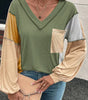Jungle Green Exposed Stitching Colorblock V Neck Long Sleeve Top Markonline